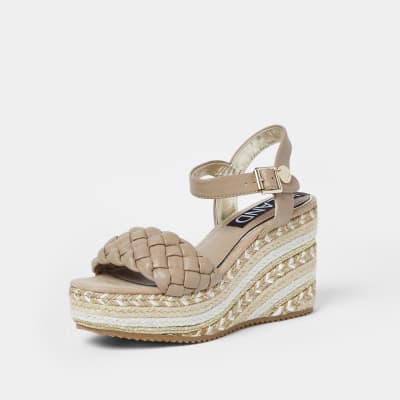 Beige weave faux leather wedge shoes