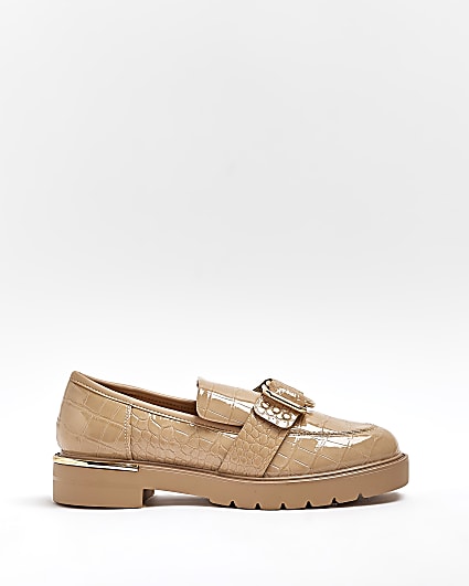Beige wide fit buckle detail chunky loafers