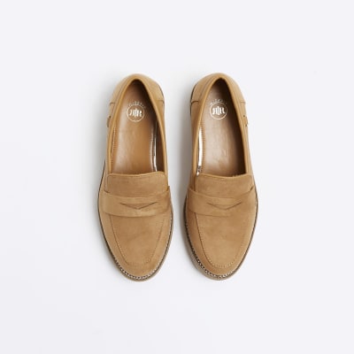 Beige wide fit diamante loafers River Island