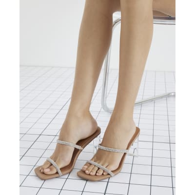 Beige Wide Fit Diamante Strap Heeled Sandals