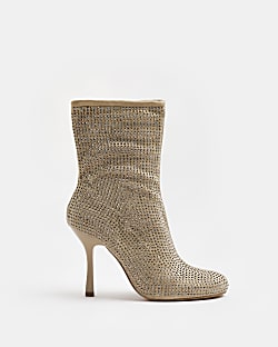Beige wide fit embellished heeled ankle boots