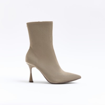 Beige wide fit knitted heeled ankle boots