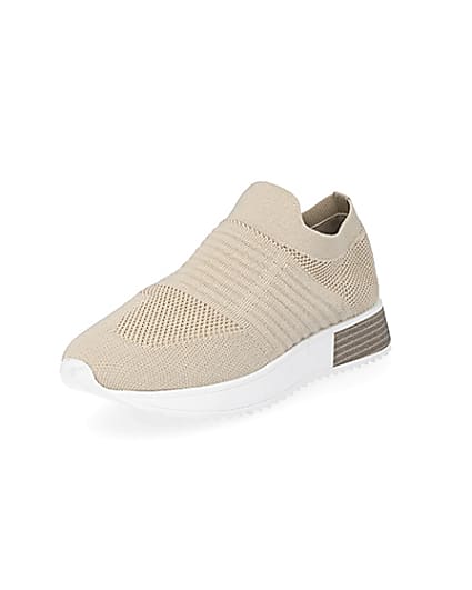 360 degree animation of product Beige wide fit knitted runner trainers frame-0