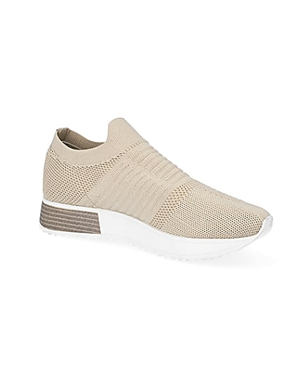 360 degree animation of product Beige wide fit knitted runner trainers frame-17