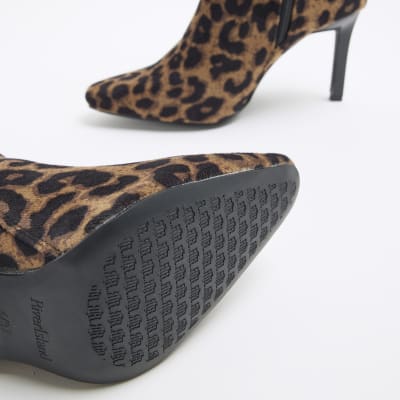 Beige Wide Fit Leopard Heeled Ankle Boots | River Island