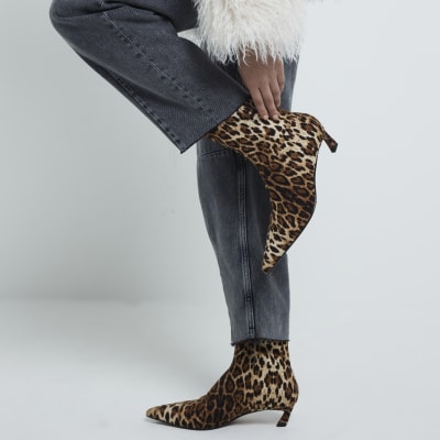 Beige Wide Fit Leopard Slant Heel Sock Boots River Island