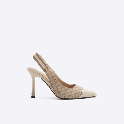 Beige wide fit monogram heeled court shoes River Island