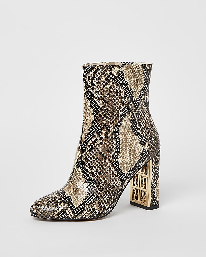 Beige wide fit snake print heeled ankle boots