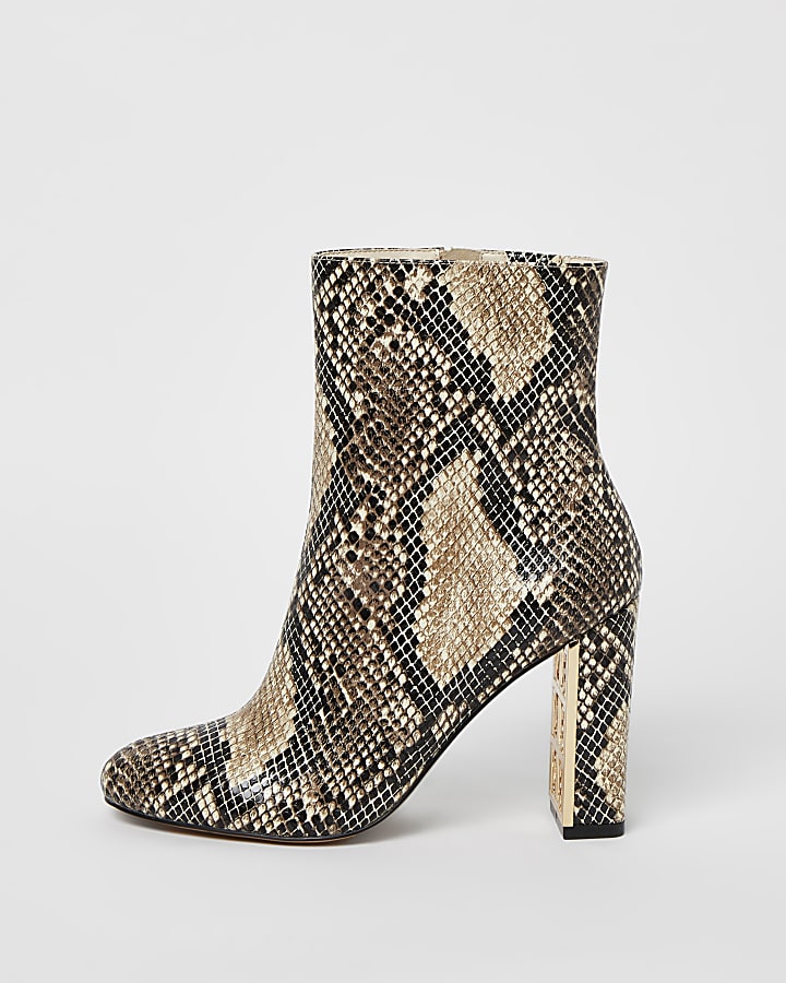 Beige wide fit snake print heeled ankle boots