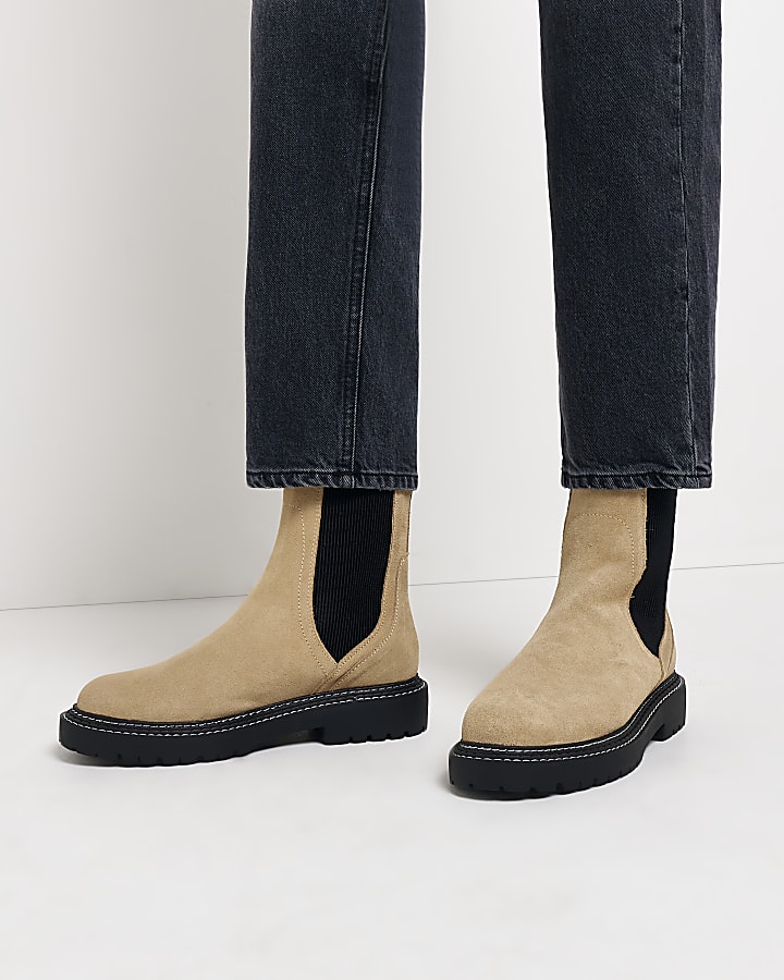 Beige wide fit suede ankle boots