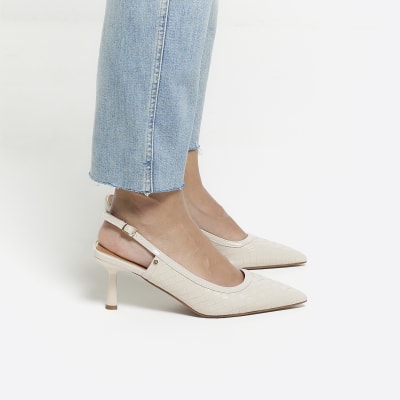 Beige wide fit weave sling back heeled shoes River Island