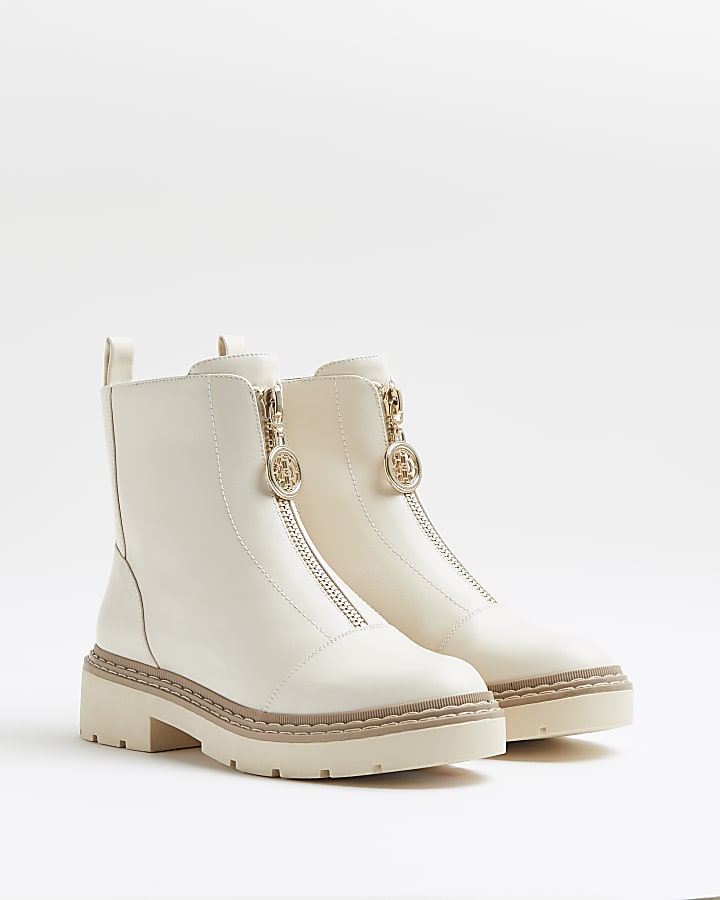 Beige wide fit zip front chunky boots