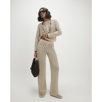 Beige Wide Leg Knitted Trousers