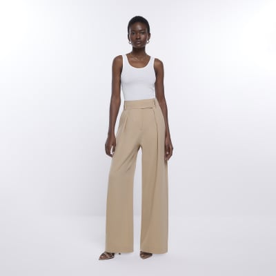 Beige wide leg pleated trousers