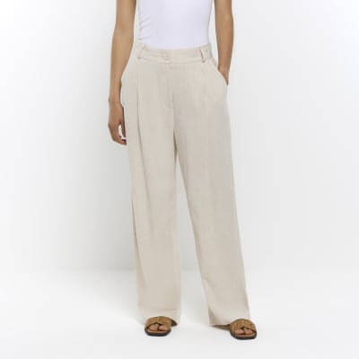 River Island Beige Linen Paperbag Waist Wide Leg Trousers in