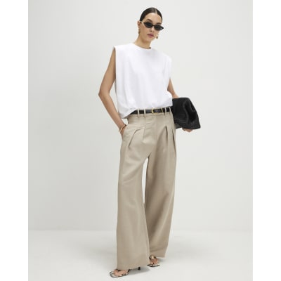 Beige Wide Leg Trousers