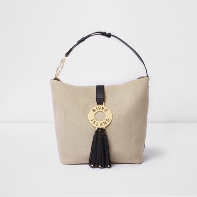 Beige woven ring tassel slouch bag