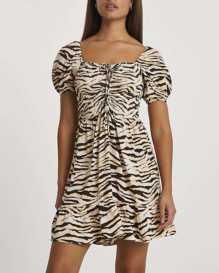 Beige zebra ruched front mini dress