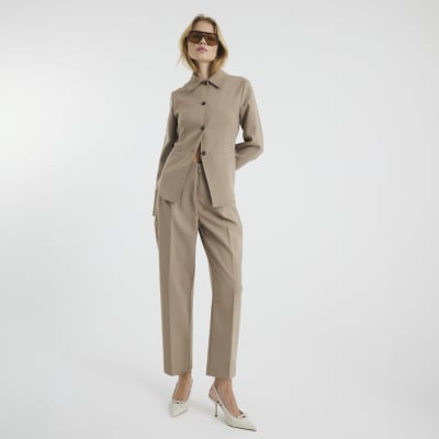 Beige Zip Front Slim Trousers
