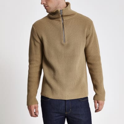 Beige zip funnel neck fisherman knit jumper River Island