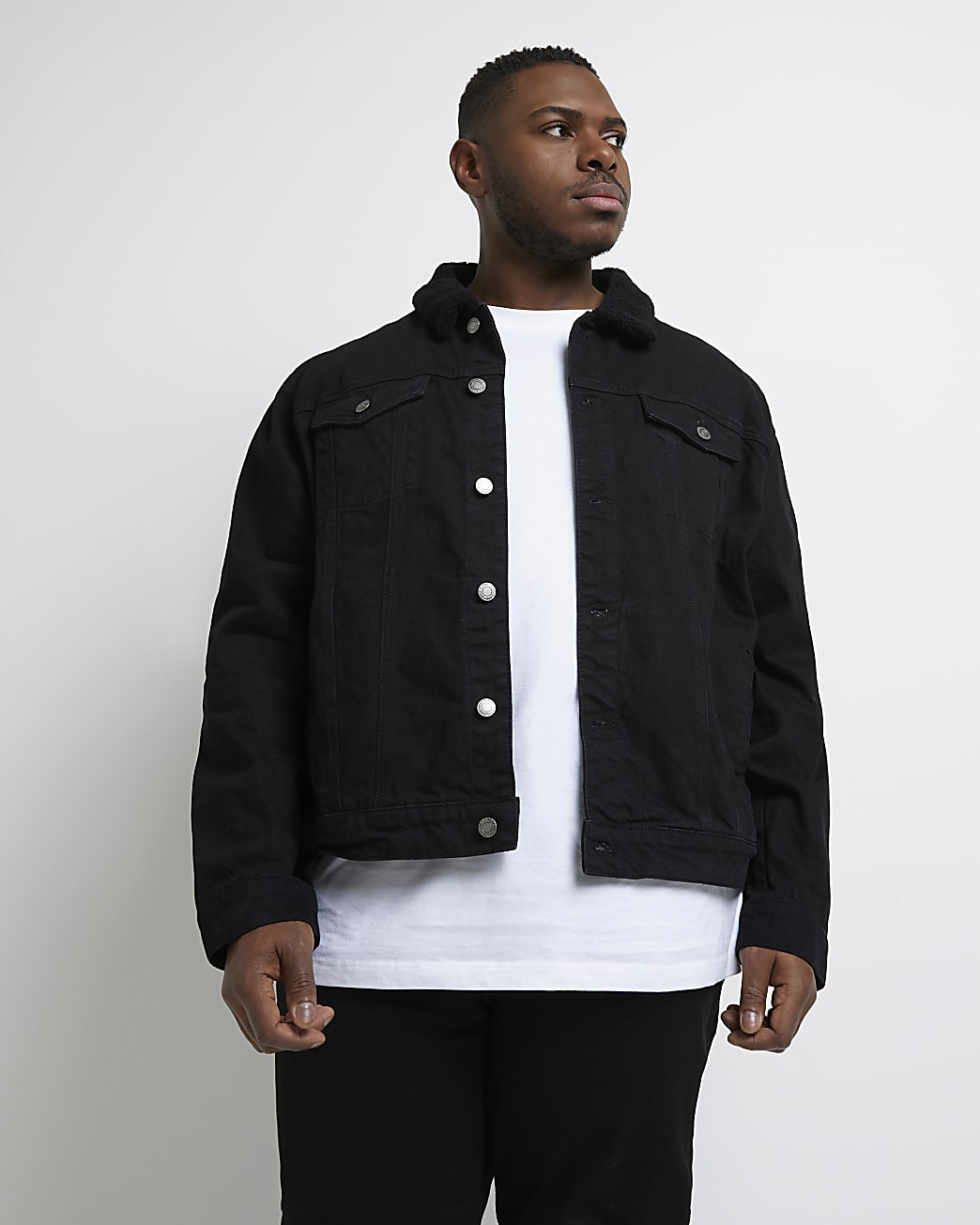 Big & tall black borg collar denim jacket