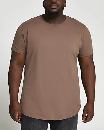 Big & tall brown slim fit curved hem t-shirt