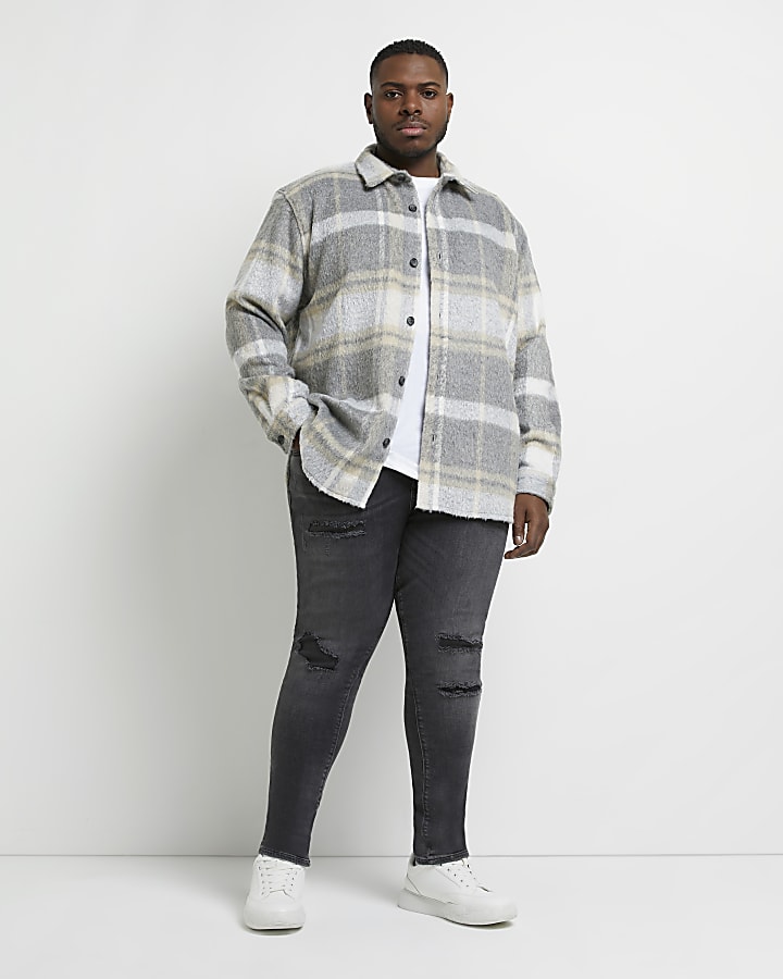 Big & tall grey oversized fit check overshirt