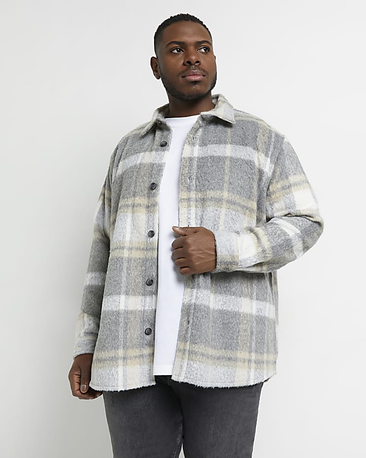 Big & tall grey oversized fit check overshirt