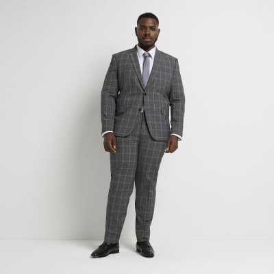 Mens River Island Big \u0026 Tall Grey Slim Fit Check Suit Trousers