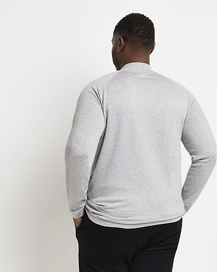 Big & Tall grey slim fit zip knitted jumper