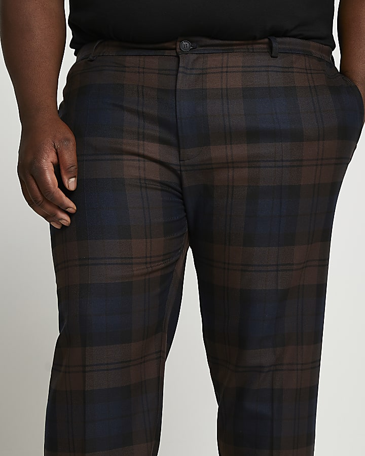 Big & Tall navy check print slim fit trousers