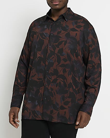 Big & Tall regular fit brown leaf print shirt