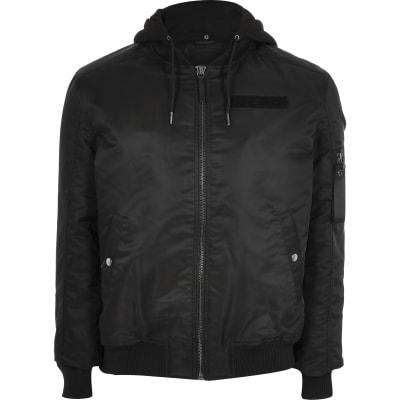Big And Tall Black Hooded Bomber Jacket River Island