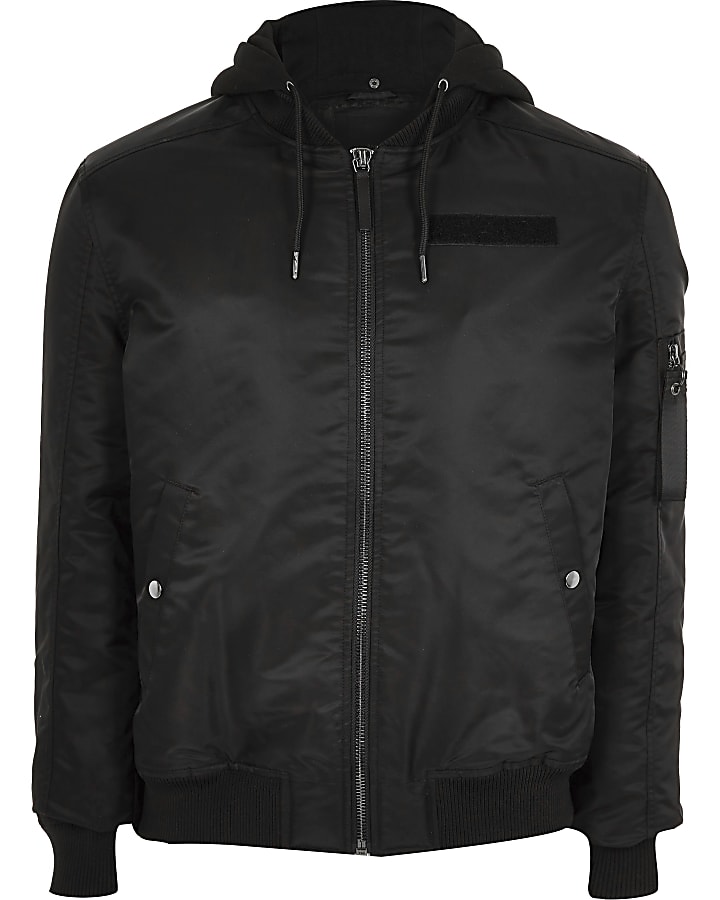 Big and Tall black hooded bomber jacket