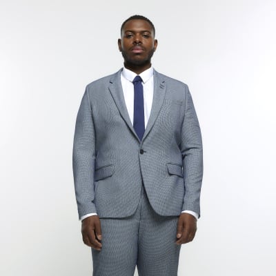 Big and Tall Blue skinny dogtooth suit jacket River Island