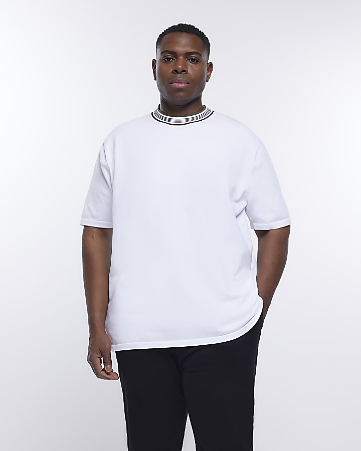 Big and tall white knitted taped t-shirt