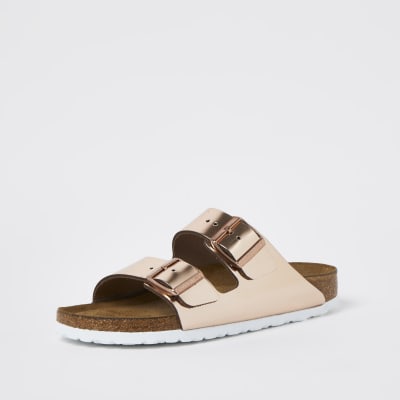 birkenstock arizona rose gold flat sandals