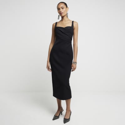 River Island Womens Black Ruched Open Back Bodycon Midi Dress