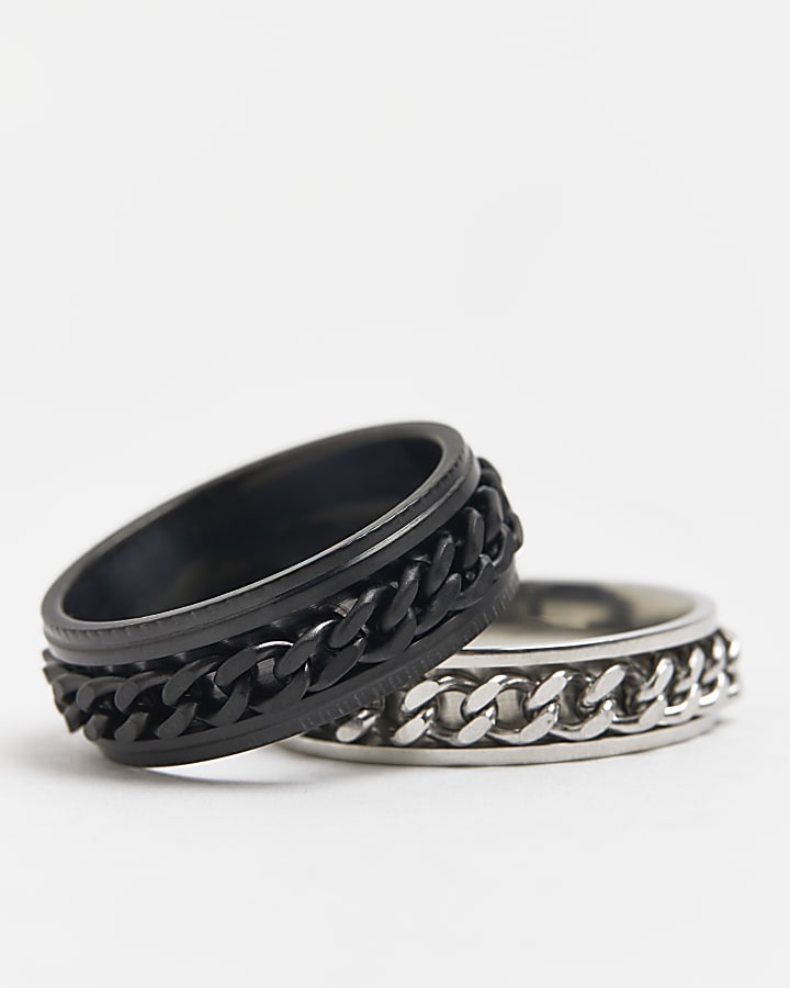 Black & silver stainless steel rings 2 pack