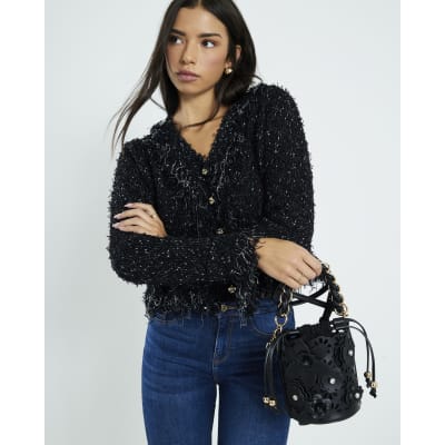 Black 3D Floral Laser Cut Bucket Bag