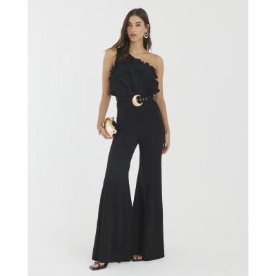Black 3D Ruffle Belted One Shoulder Jumpsuit