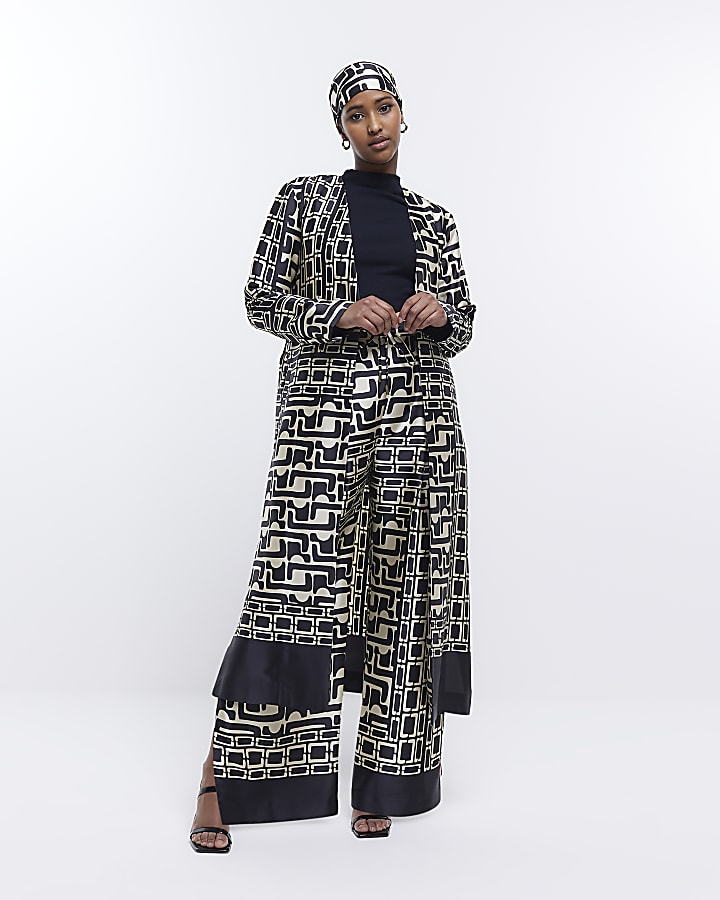 Black Abstract Print Duster Jacket