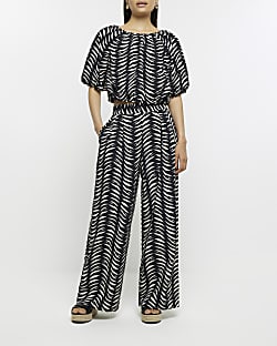 Black abstract print wide leg trousers