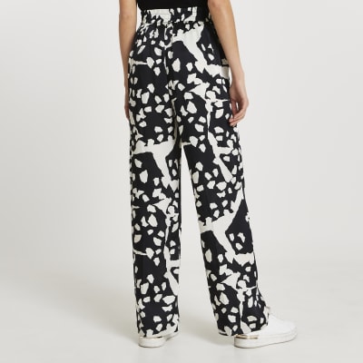Black abstract print wide leg trousers