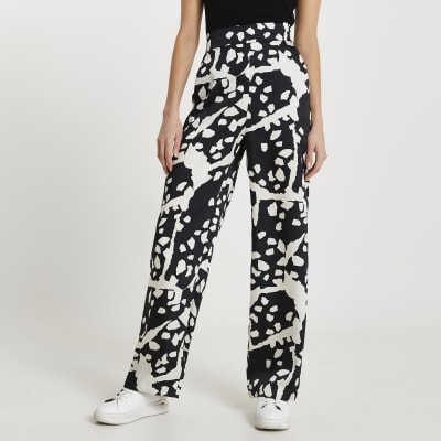 Black abstract print wide leg trousers