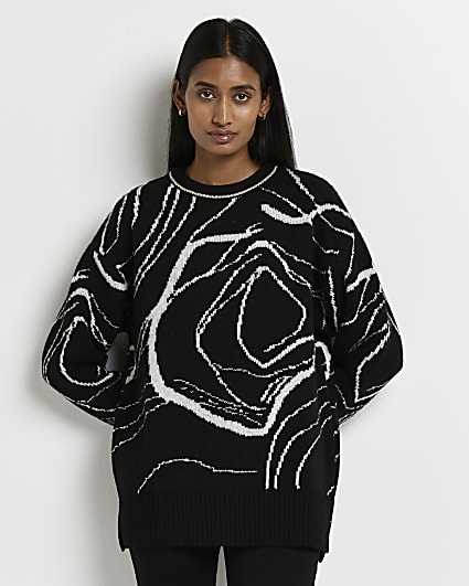 Black abstract swirl print oversized jumper