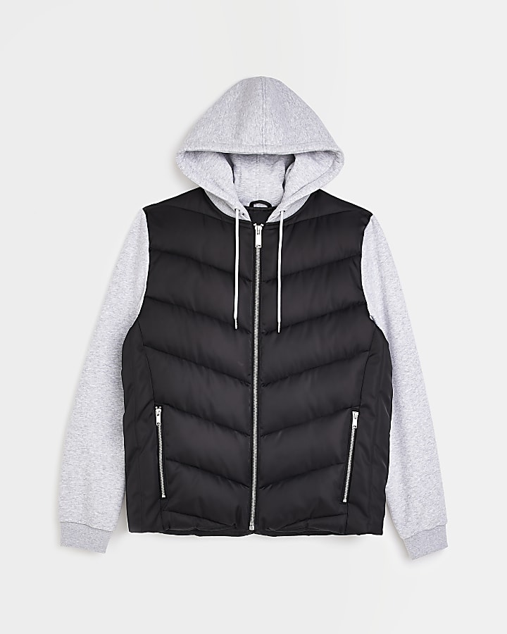 Black and grey Hooded Hybrid Quilted Jacket