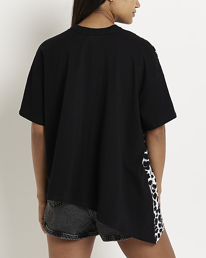 Black animal print asymmetric t-shirt