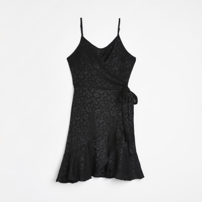 Black animal print satin mini dress