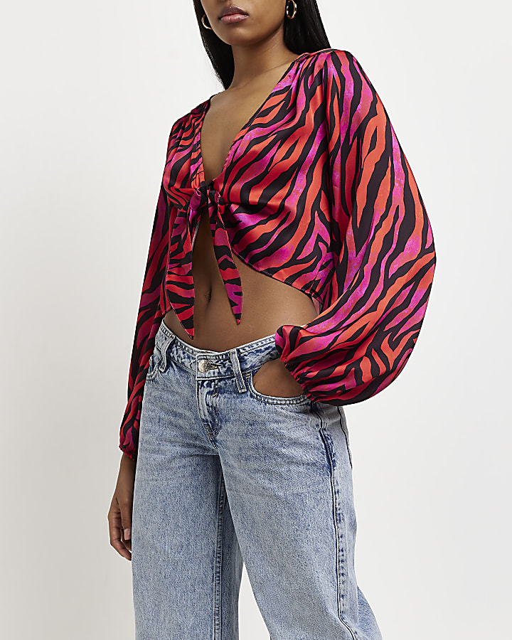 Black animal print tie front cropped top